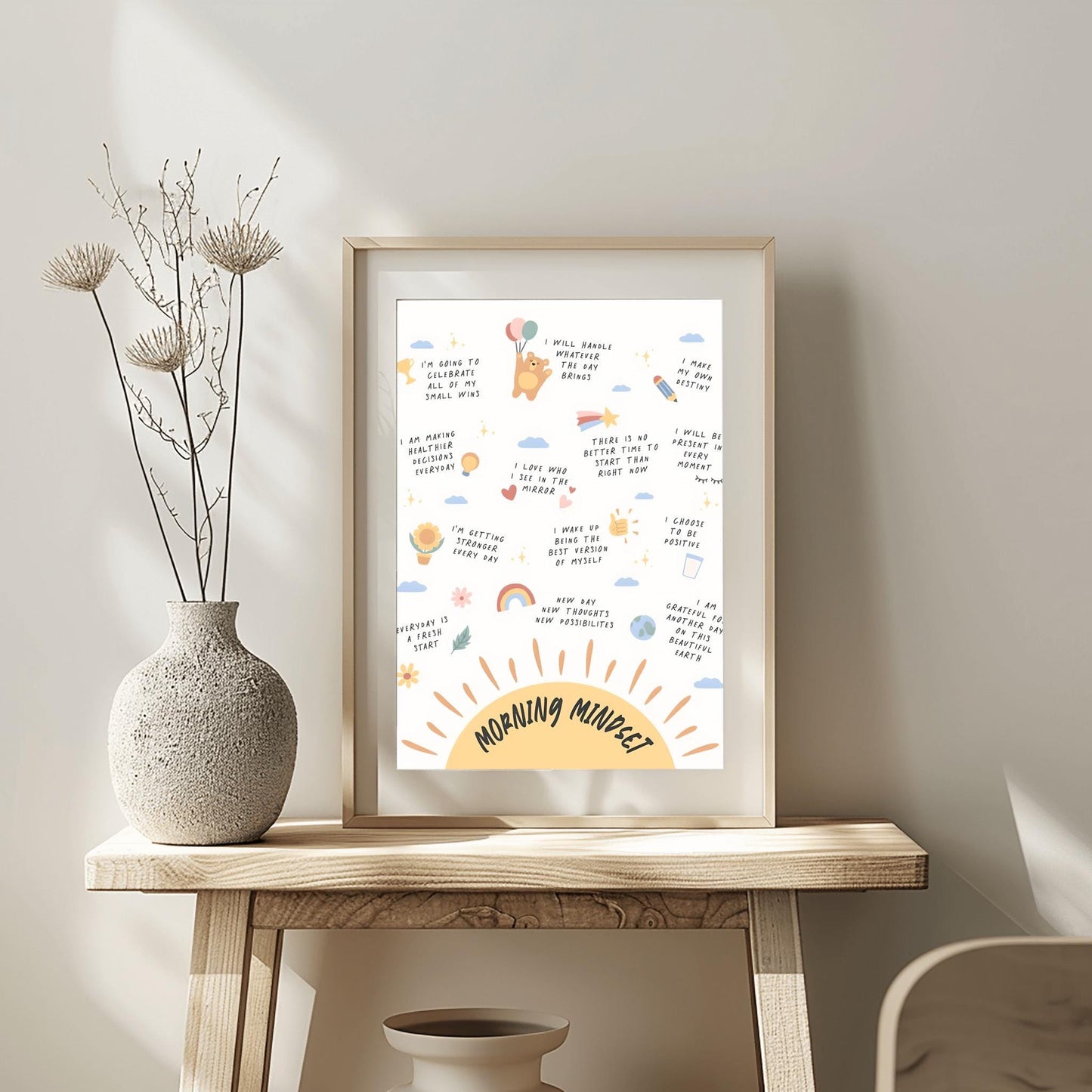 Morning Mindset Poster, Daily Affirmations Print, Self-Care Wall Art, Inspirational Quote Decor, Whimsical Kids Room Art