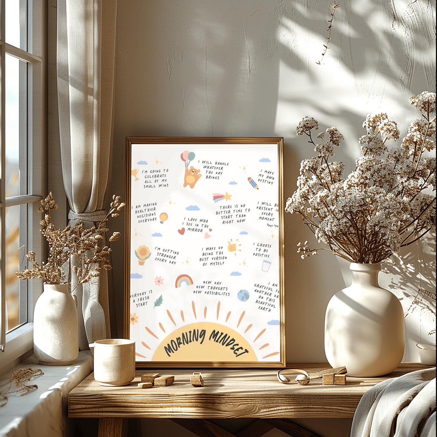 Morning Mindset Poster, Daily Affirmations Print, Self-Care Wall Art, Inspirational Quote Decor, Whimsical Kids Room Art