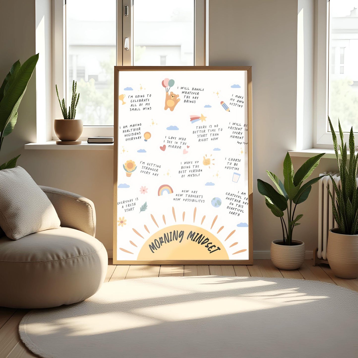 Morning Mindset Poster, Daily Affirmations Print, Self-Care Wall Art, Inspirational Quote Decor, Whimsical Kids Room Art