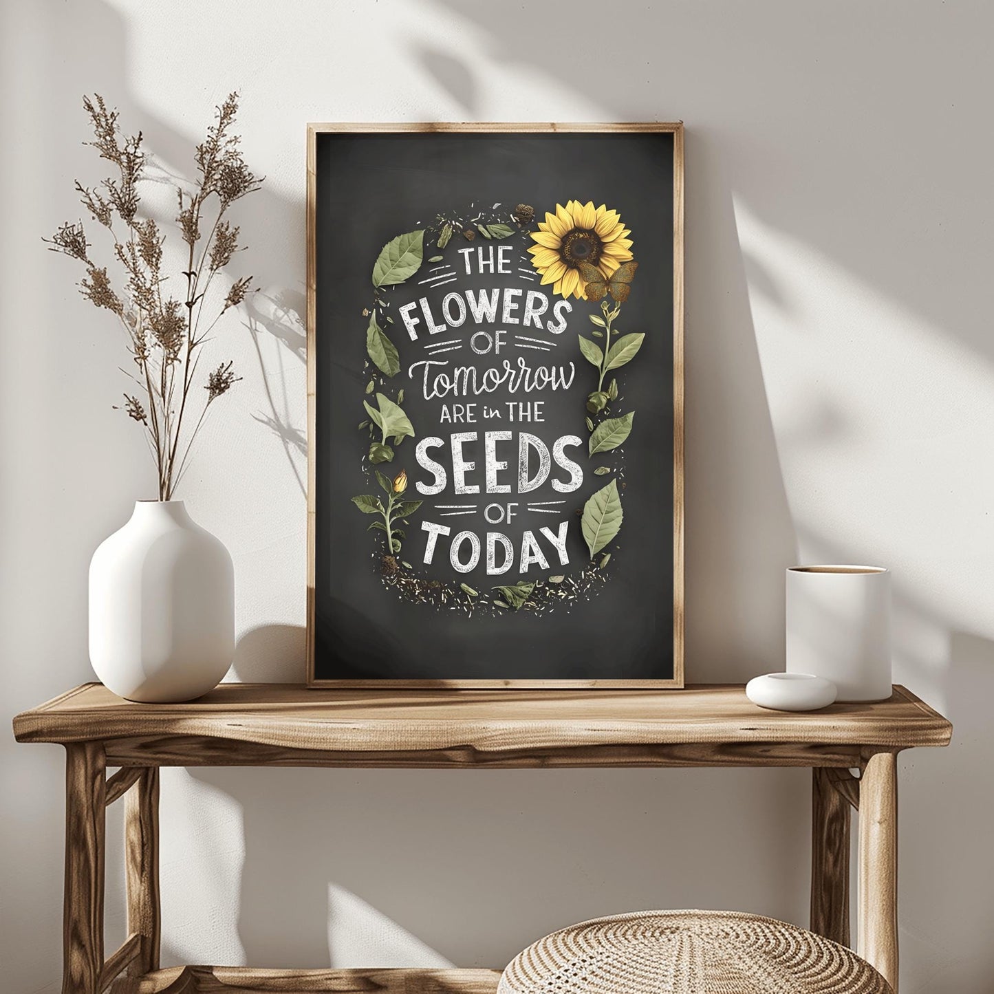 Chalkboard Motivational Poster, 'Seeds of Today' Botanical Print, Farmhouse Style Quote Art, Rustic Home Decor, Gardener Gift