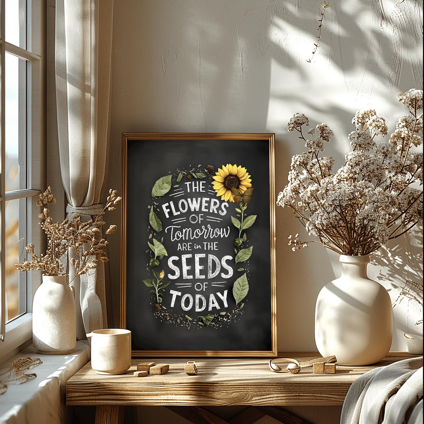Chalkboard Motivational Poster, 'Seeds of Today' Botanical Print, Farmhouse Style Quote Art, Rustic Home Decor, Gardener Gift