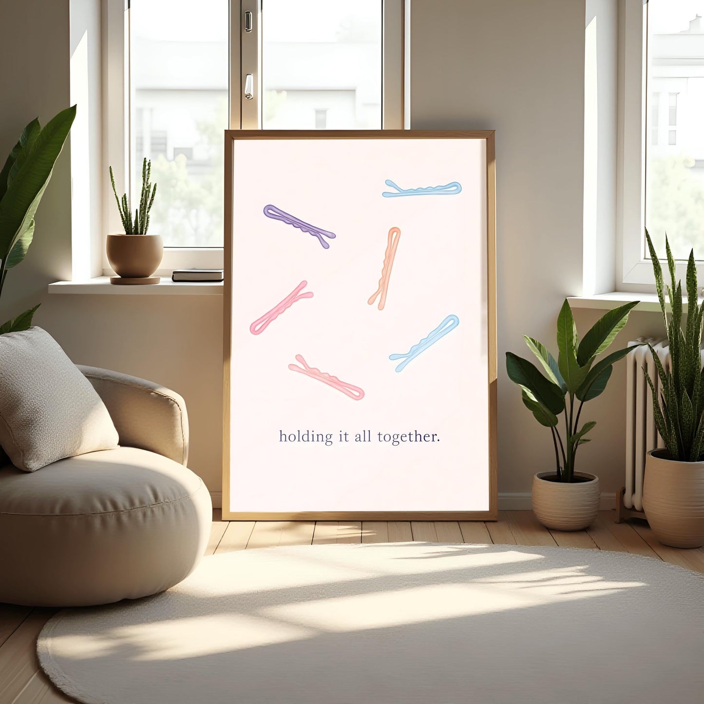 Holding it all together. Bobby Pin Print, Minimalist Hairpin Art, Funny Quote Poster, Bathroom Decor, Vanity Wall Art