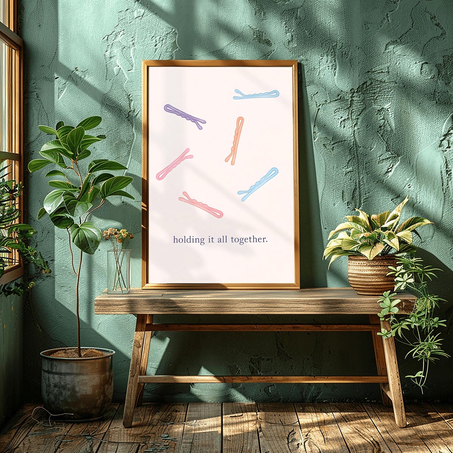 Holding it all together. Bobby Pin Print, Minimalist Hairpin Art, Funny Quote Poster, Bathroom Decor, Vanity Wall Art
