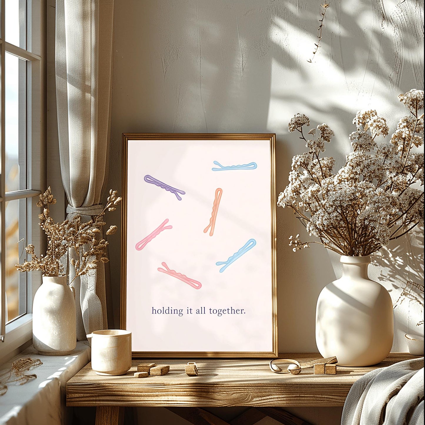Holding it all together. Bobby Pin Print, Minimalist Hairpin Art, Funny Quote Poster, Bathroom Decor, Vanity Wall Art