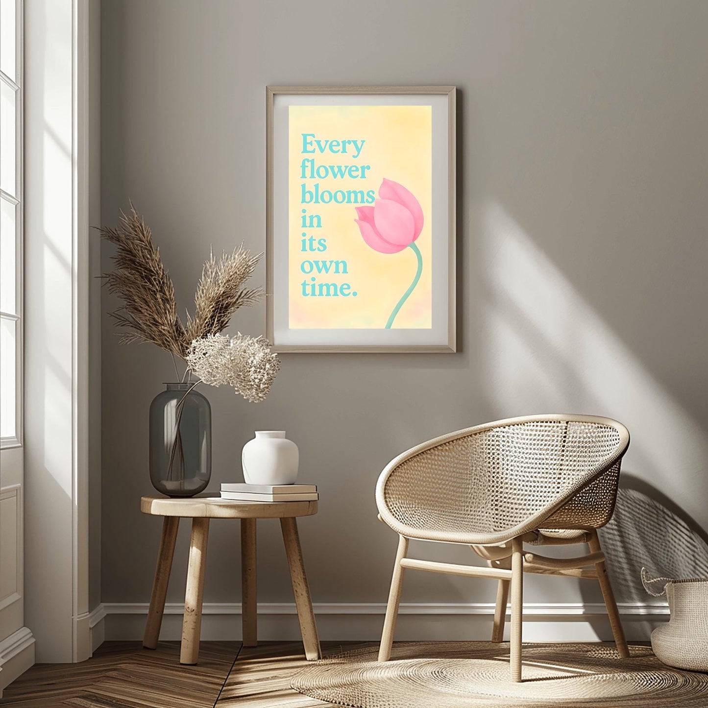 Every Flower Blooms... Motivational Poster, Inspirational Quote Art, Tulip Print, Self Care Decor, Bedroom Wall Art