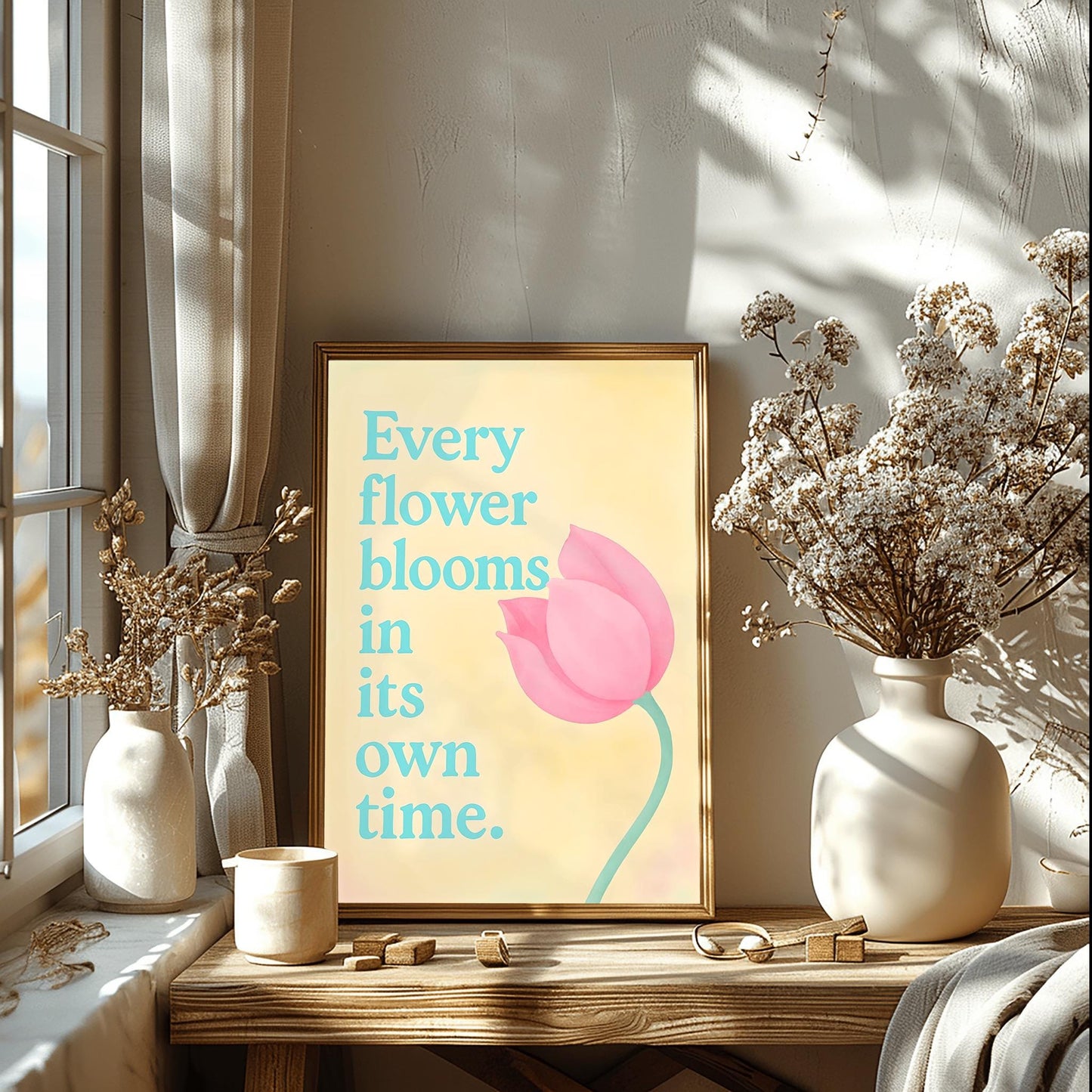 Every Flower Blooms... Motivational Poster, Inspirational Quote Art, Tulip Print, Self Care Decor, Bedroom Wall Art