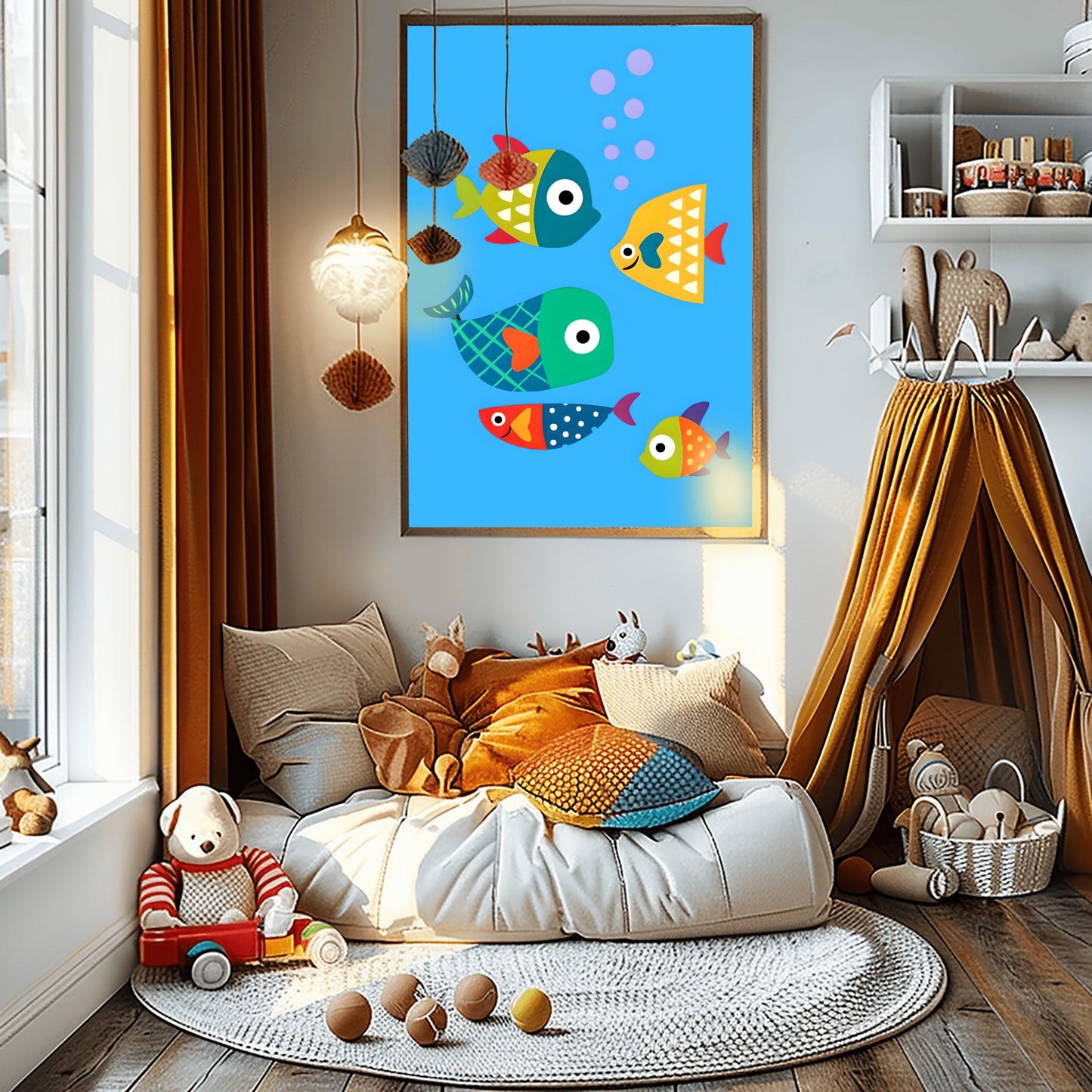 Kids Room Fish Poster, Nursery Wall Art, Playful Cartoon Fish Print, Underwater Theme Decor, Baby Room Art