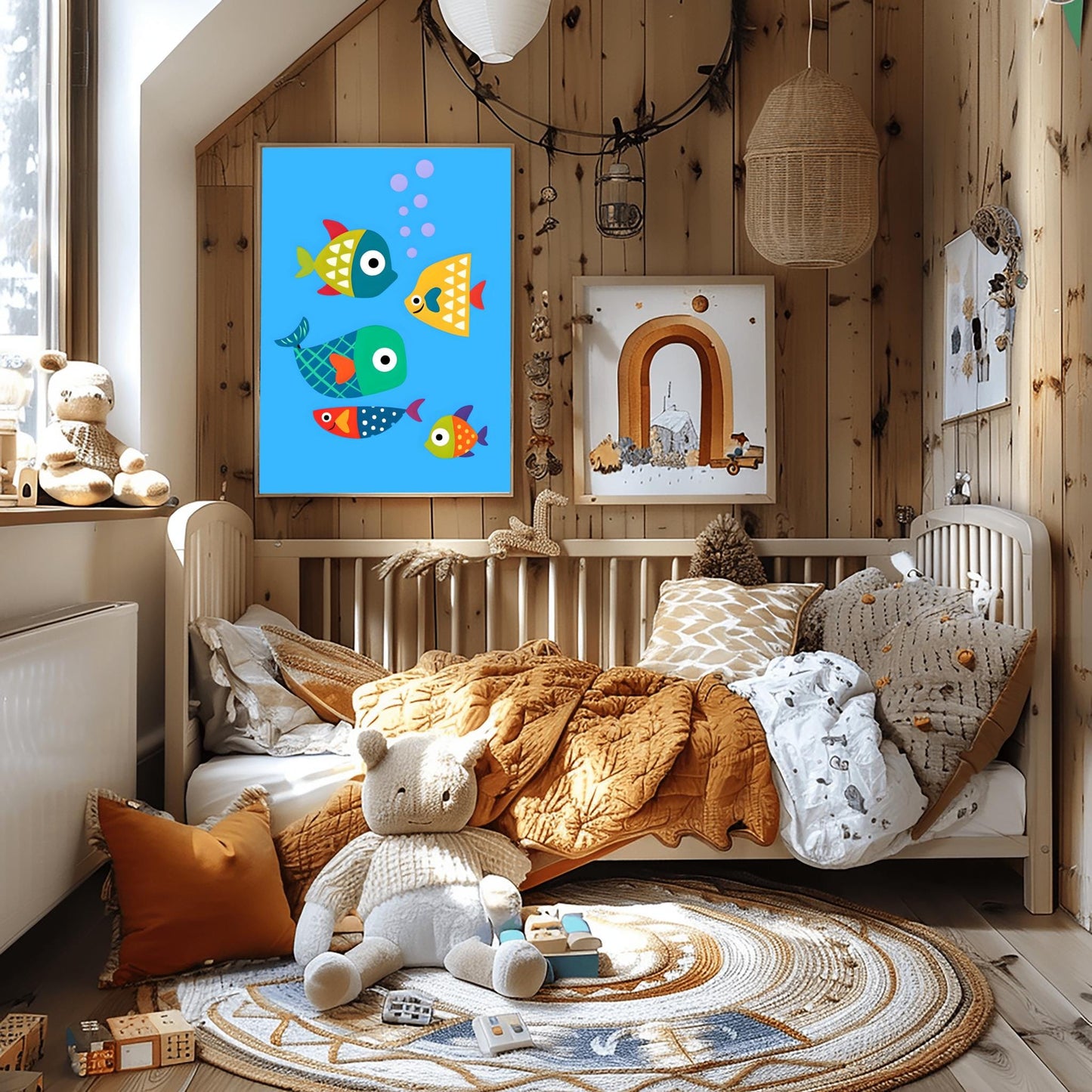 Kids Room Fish Poster, Nursery Wall Art, Playful Cartoon Fish Print, Underwater Theme Decor, Baby Room Art