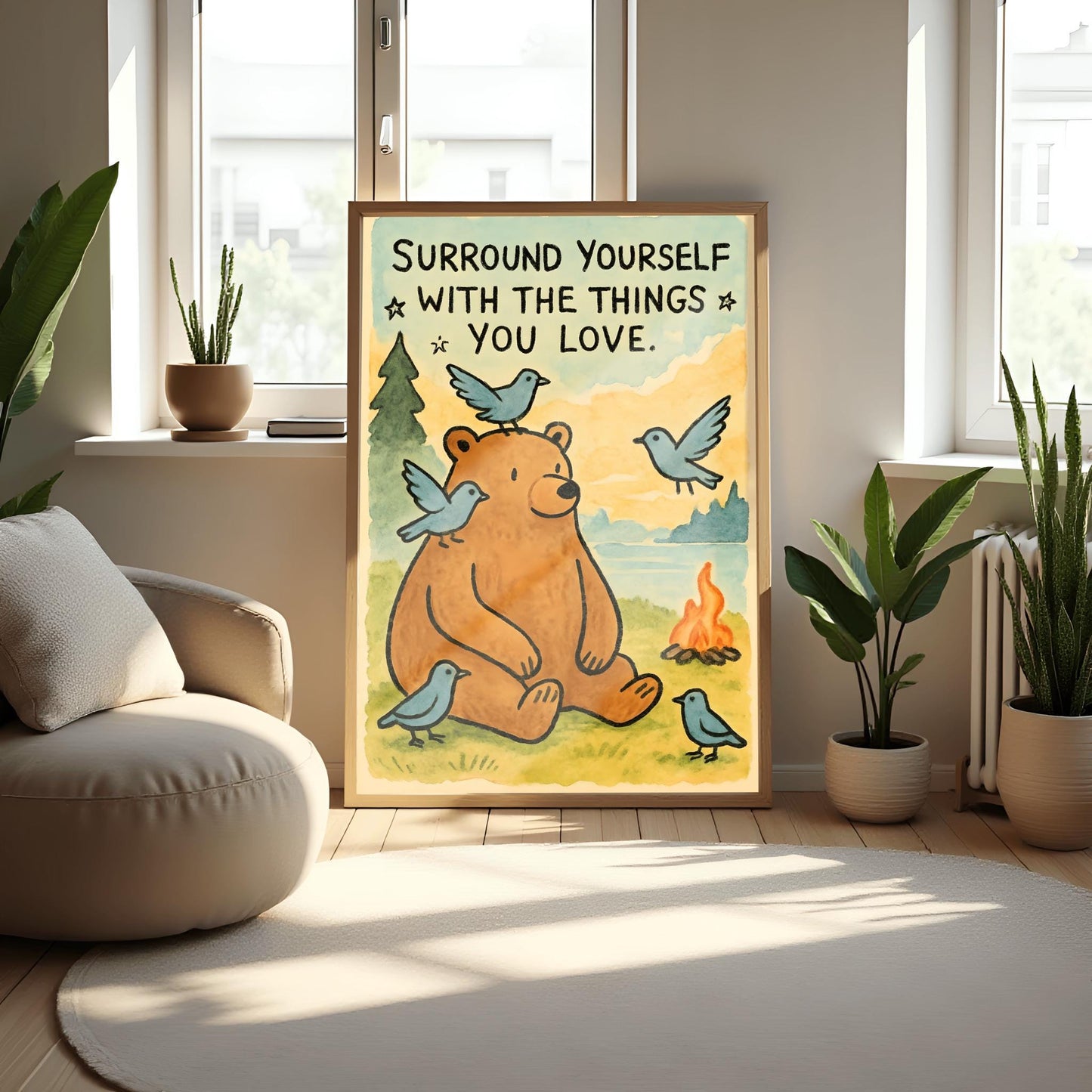 Surround Yourself with the Things You Love Poster, Bear Art Print, Whimsical Quote Poster, Nature Lover Gift, Kids Room Decor