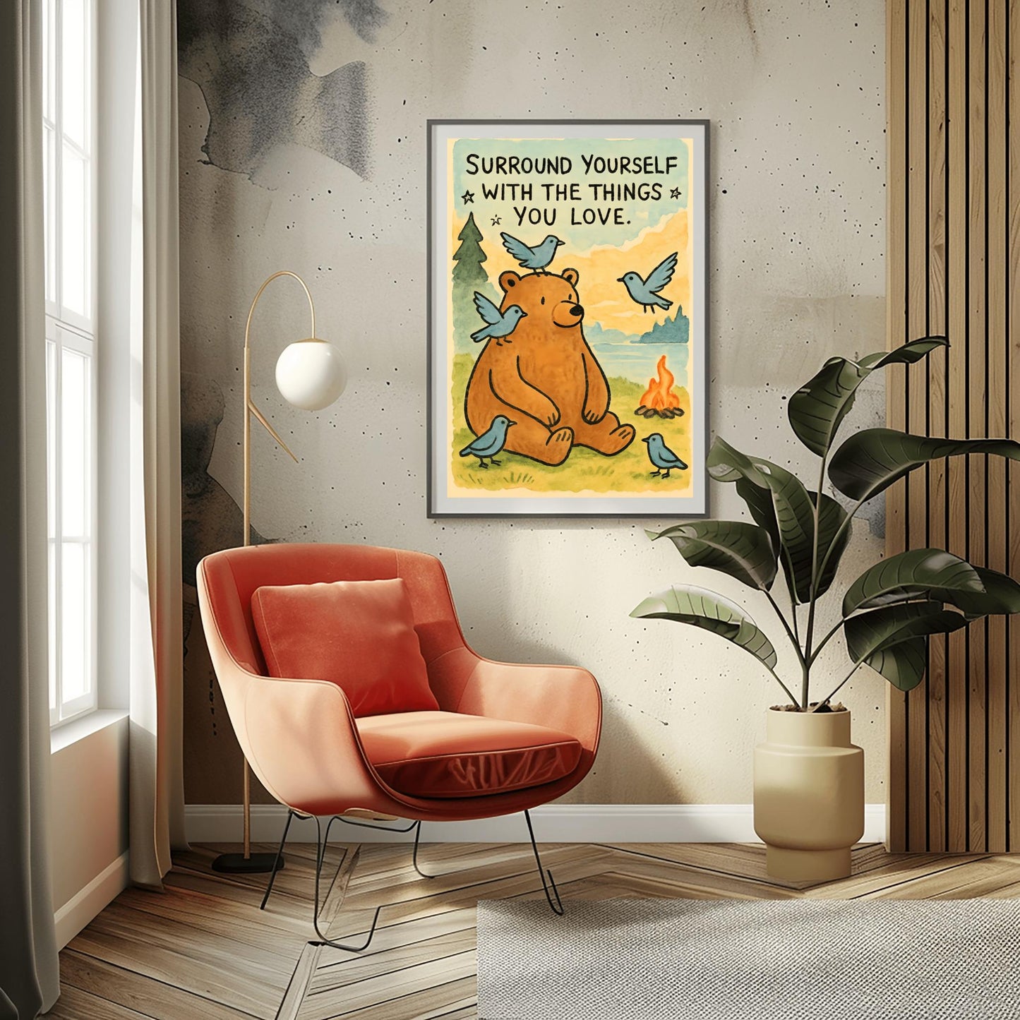 Surround Yourself with the Things You Love Poster, Bear Art Print, Whimsical Quote Poster, Nature Lover Gift, Kids Room Decor