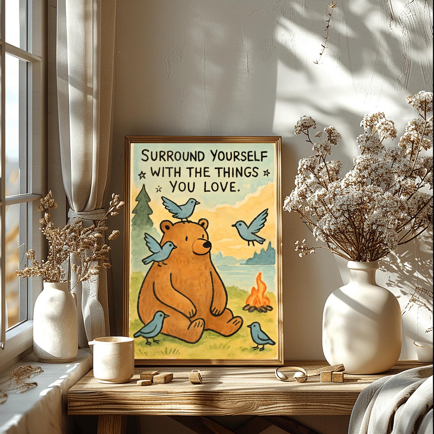 Surround Yourself with the Things You Love Poster, Bear Art Print, Whimsical Quote Poster, Nature Lover Gift, Kids Room Decor