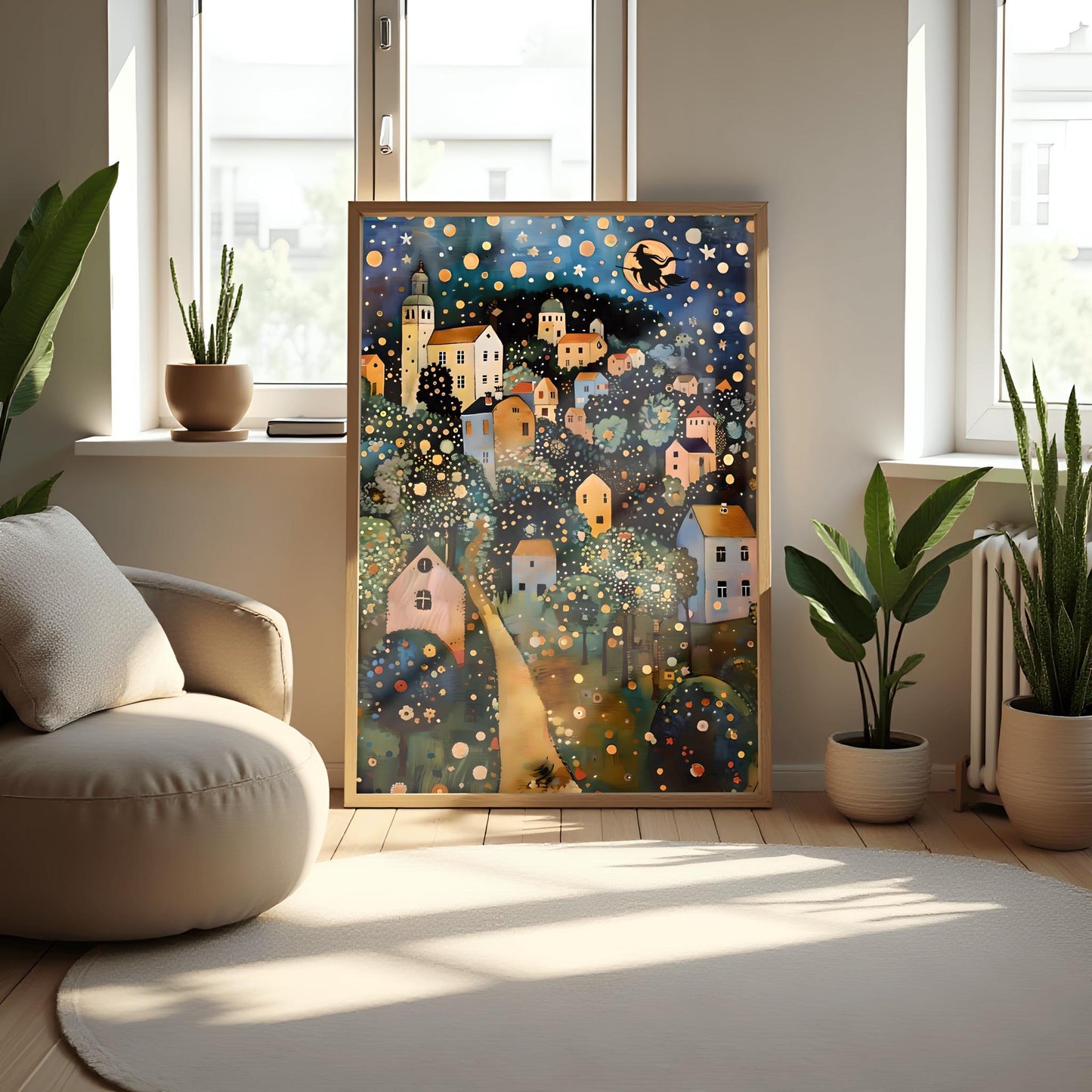 Halloween Witch on Broomstick Poster, Whimsical Night Village Print, Klimt Inspired Art, Fantasy Wall Decor, Physical Print