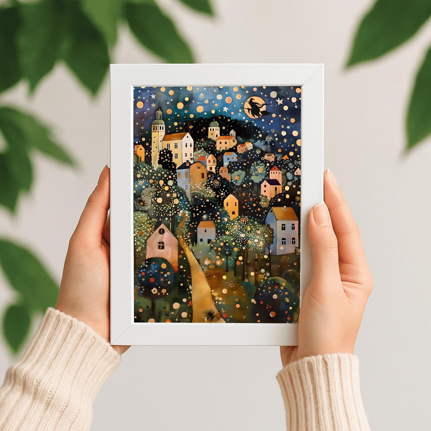 Halloween Witch on Broomstick Poster, Whimsical Night Village Print, Klimt Inspired Art, Fantasy Wall Decor, Physical Print