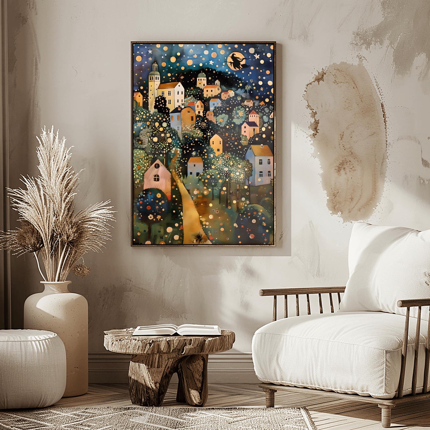 Halloween Witch on Broomstick Poster, Whimsical Night Village Print, Klimt Inspired Art, Fantasy Wall Decor, Physical Print