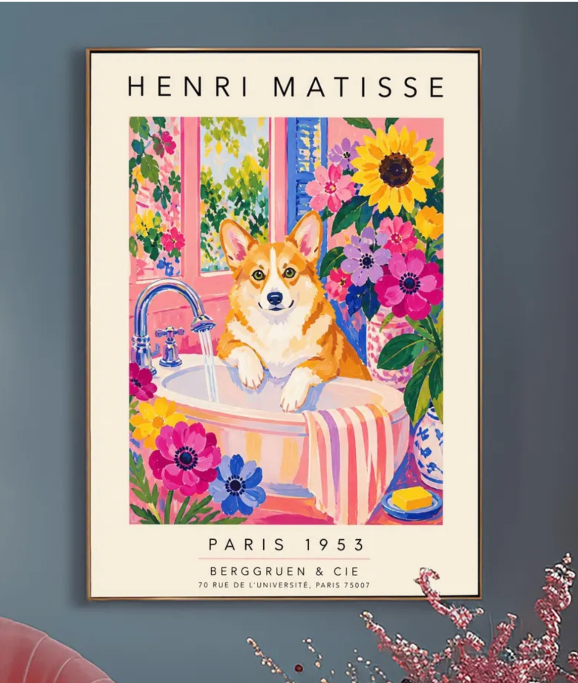 Henri Matisse style poster of a corgi in a bathtub with vibrant Fauvist flowers and botanical wall art