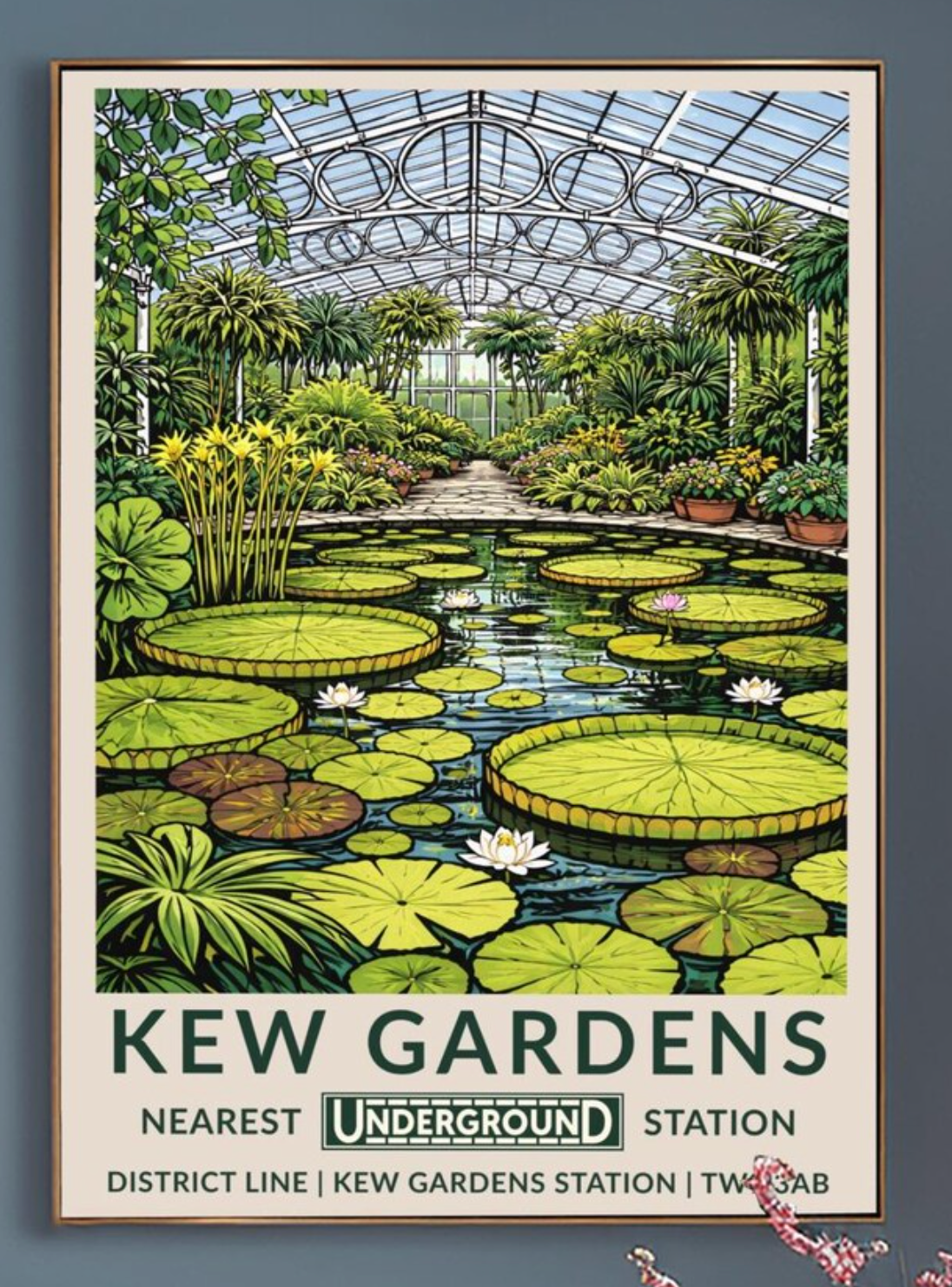 Kew Gardens Palm House poster with vintage London Underground botanical wall art design