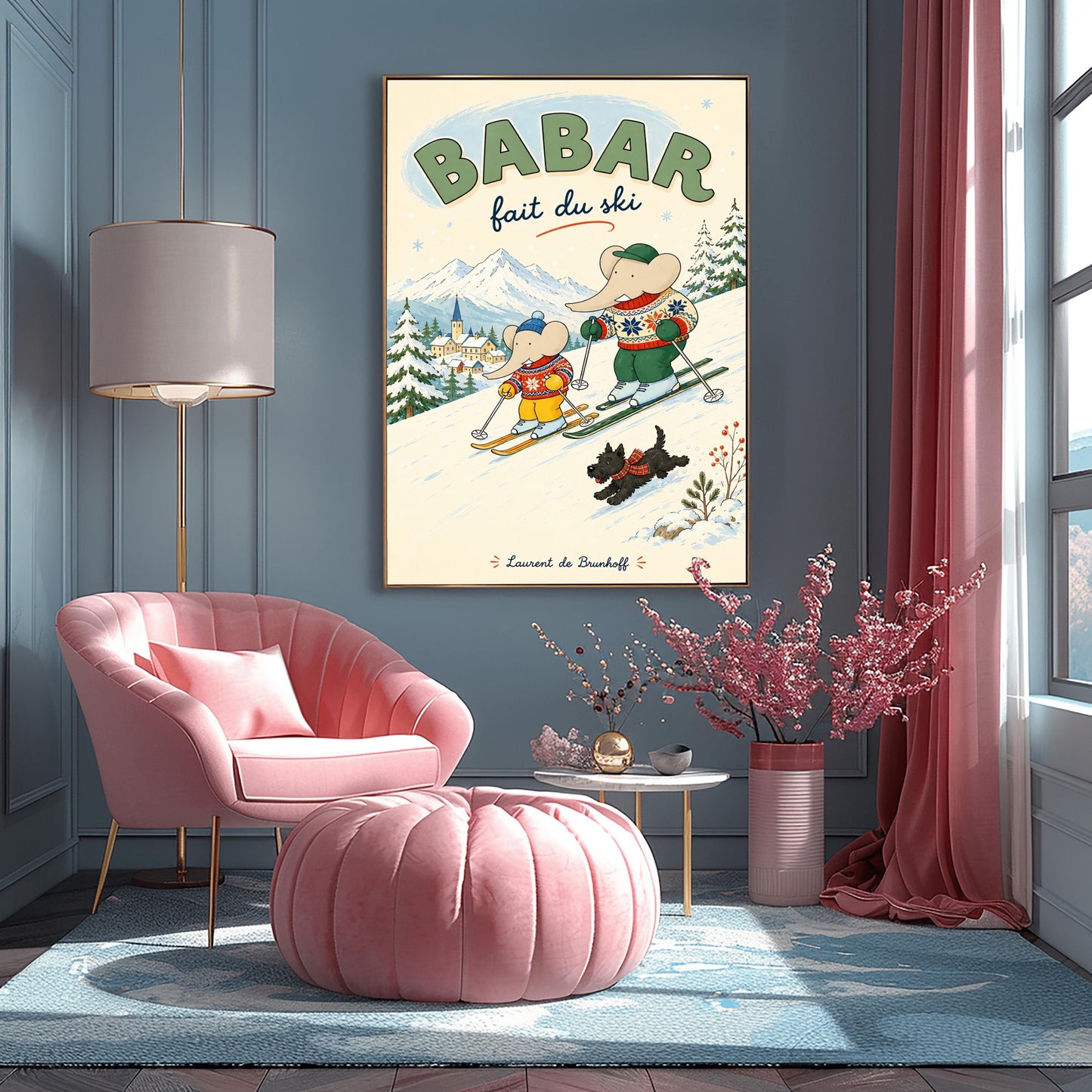 A vertical retro fine art exhibition poster titled "BABAR fait du ski" on a wide cream border. The illustration shows a large elephant and a small elephant skiing down a snowy slope wearing colorful patterned winter sweaters, accompanied by a small black dog in a plaid scarf. A snow-covered village and mountains are visible in the background, with the name "Laurent de Brunhoff" printed at the bottom.