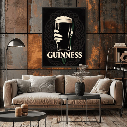 A vertical vintage-style graphic of a hand holding a pint of Guinness. The pint is centered over a large, intricate Celtic knot emblem on a textured black background. A small green harp is at the bottom above the word "GUINNESS" in cream-colored text.