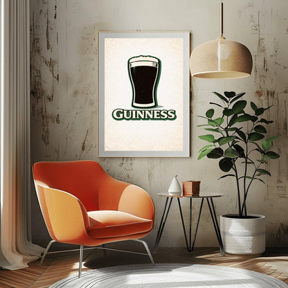 A vertical minimalist graphic of a pint of Guinness on a light cream-textured background. The black pint has a thick white foam head and a green drop shadow. Below the glass, the word "GUINNESS" is written in cream text with a green border.