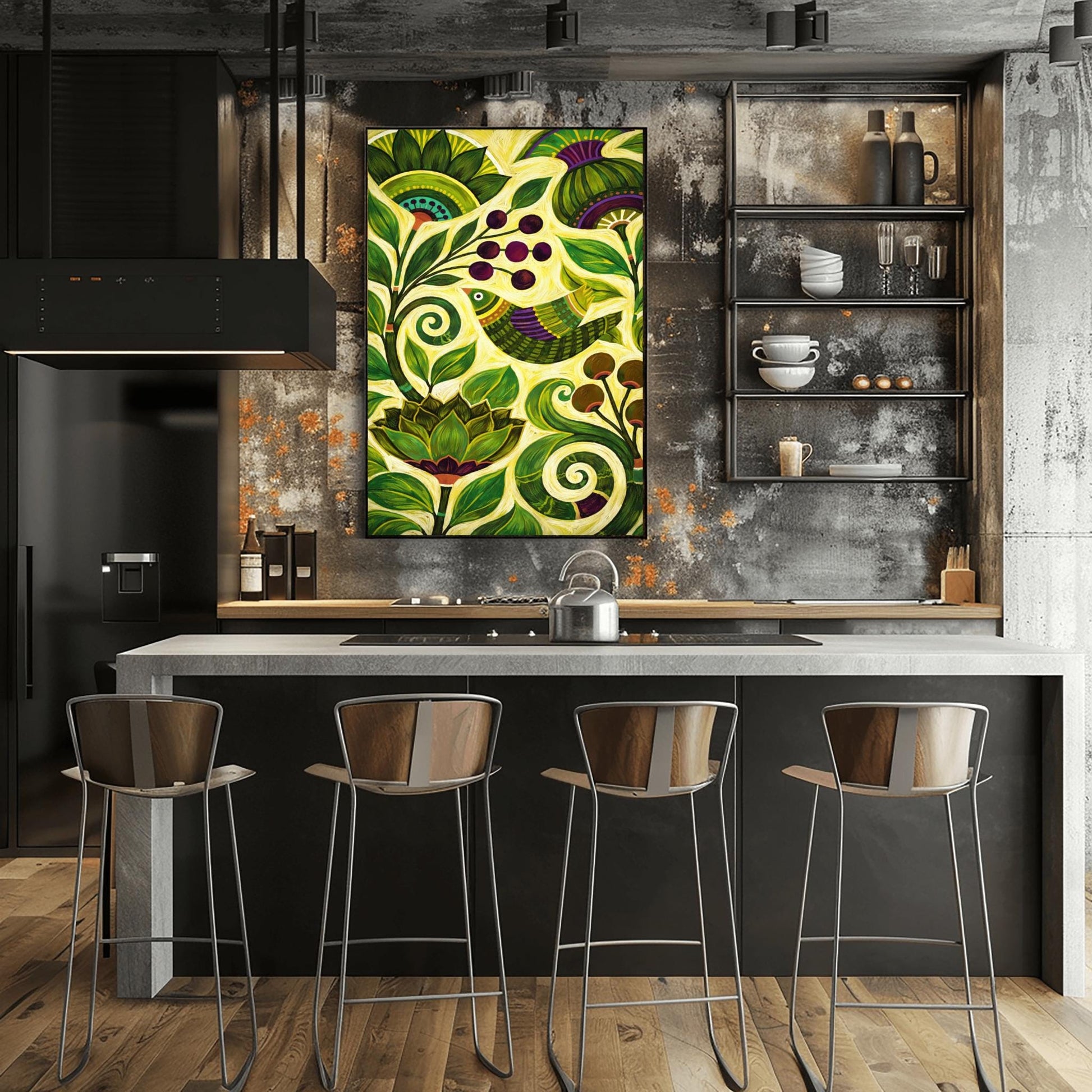 A vertical botanical art print in a modern folk style. A stylized bird with green and purple stripes is perched among thick, swirling green vines and large, pointed leaves. Clusters of dark purple berries and round brown seed pods are scattered throughout the composition. The background is a soft yellow-green, and the entire image is filled with intricate, hand-painted textures and circular patterns.