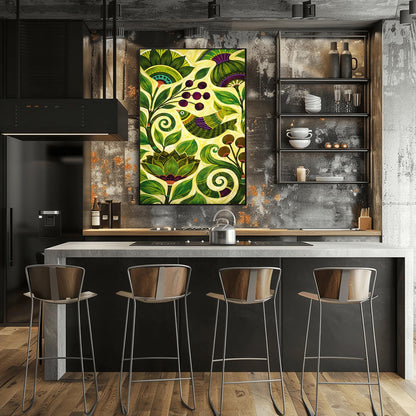 A vertical botanical art print in a modern folk style. A stylized bird with green and purple stripes is perched among thick, swirling green vines and large, pointed leaves. Clusters of dark purple berries and round brown seed pods are scattered throughout the composition. The background is a soft yellow-green, and the entire image is filled with intricate, hand-painted textures and circular patterns.