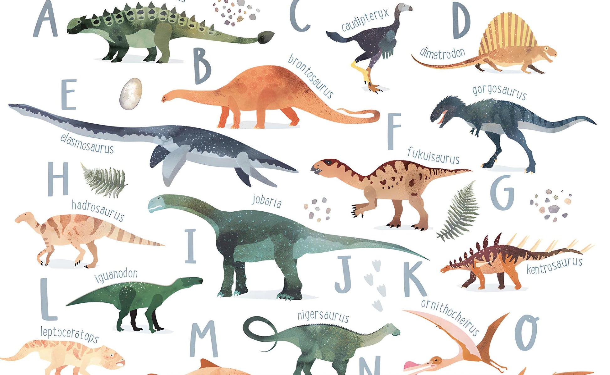 Educational dinosaur alphabet poster for kids featuring A–Z illustrated dinos with names, ideal for nursery or preschool wall decor.
