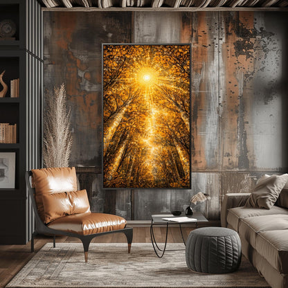 A vertical full-bleed illustration looking up from the forest floor toward a bright, geometric sun. Towering trees with golden mosaic bark frame a canopy of shimmering leaves. A large sunburst made of concentric golden dots and rays sits at the center against an amber sky.