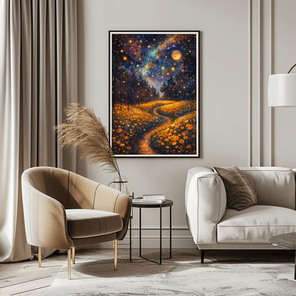 A vertical fine art print in the style of Gustav Klimt. A glowing path winds through a dense field of amber-colored wildflowers. Dark silhouettes of trees stand in the middle ground. The night sky is a deep indigo nebula filled with golden stars and a large, glowing full moon.