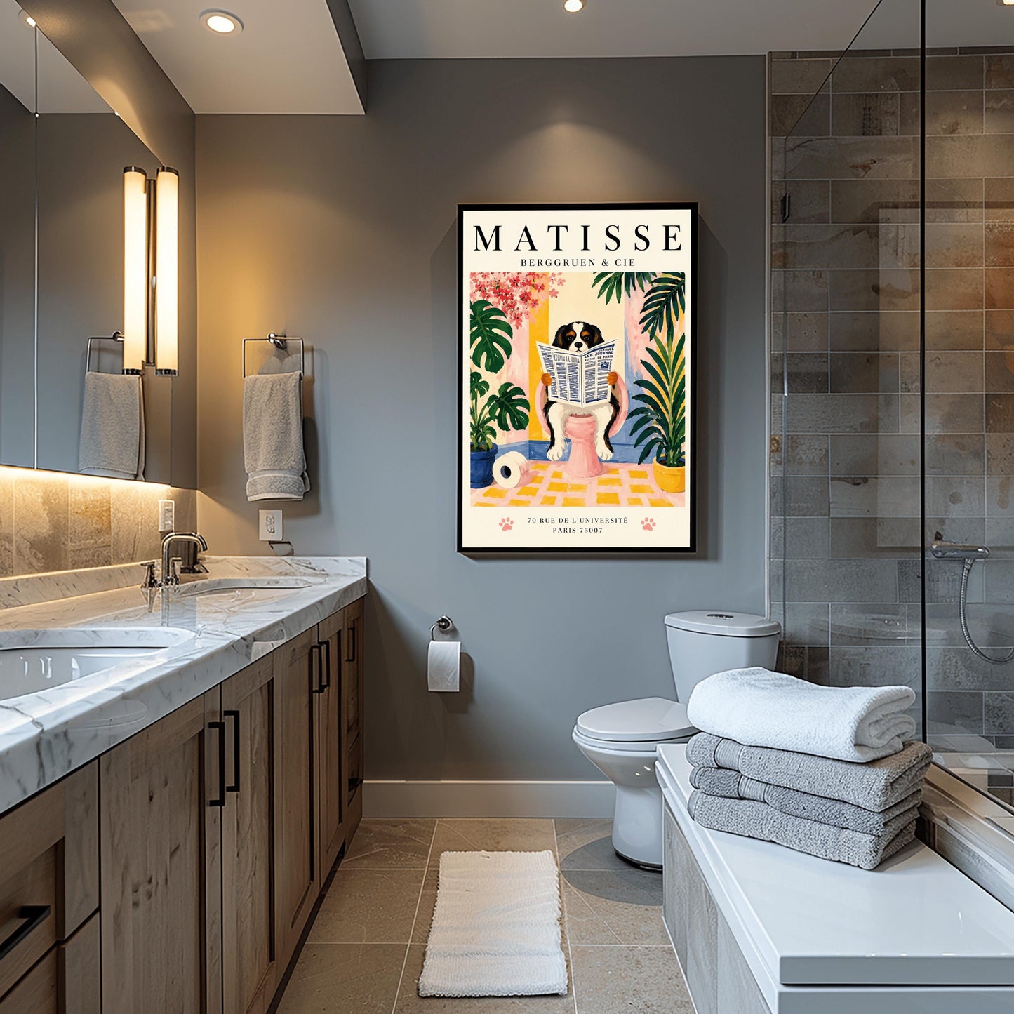 A vertical vintage-style exhibition poster on a cream background titled "MATISSE BERGGRUEN & CIE" in bold black font. The main gouache-style illustration depicts a tricolor black, white, and tan Cavalier King Charles Spaniel sitting on a pink toilet. The dog is holding and reading a blue-and-white French newspaper titled "LE JOURNAL". The bathroom scene includes a roll of toilet paper on a yellow checkered floor, potted monstera and palm plants