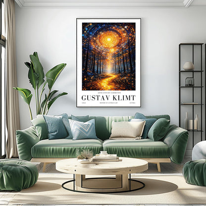 A vertical, highly detailed Art Nouveau illustration featuring a winding golden mosaic path leading through a dark forest toward a bright light. Above, a massive circular portal in the sky is made of intricate mosaic tiles in gold and blue. The scene is filled with shimmering golden stardust.