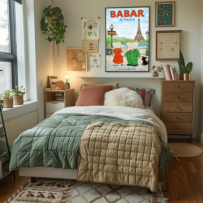 A vertical children's illustration poster titled "BABAR À PARIS" in large red and blue letters. King Babar, in a green suit, and Queen Celeste, in a red dress, are holding hands on a sidewalk in Paris. The Eiffel Tower is visible in the background across a river with a stone bridge and boat. To the left is a green "METRO" sign, and a small black dog sits to the right. The name "Laurent de Brunhoff" is at the bottom.