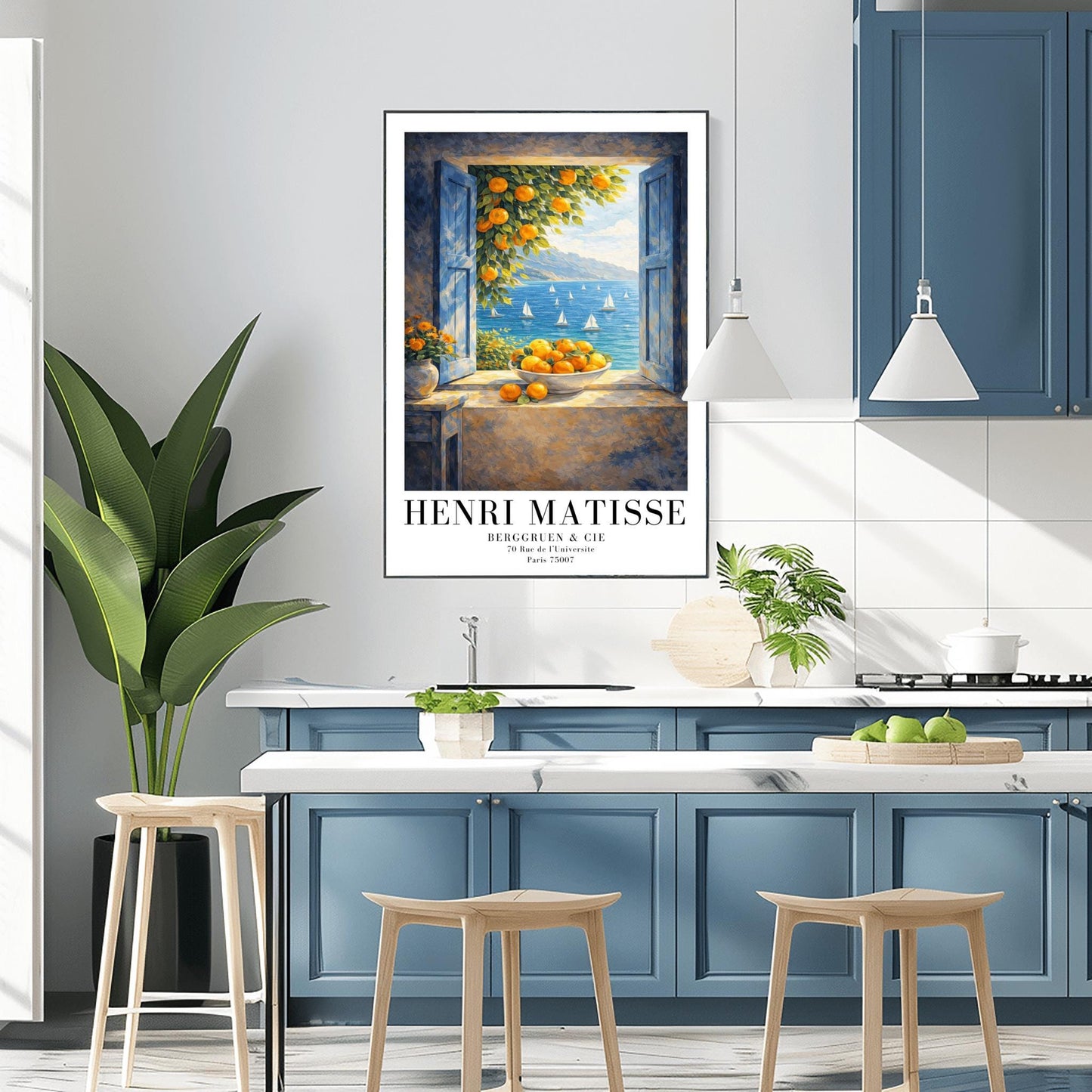 A vertical painterly illustration of an open window with blue shutters looking out at a sea with many sailboats. On the windowsill sits a large bowl overflowing with oranges. A branch with oranges hangs from the top, and a vase of yellow flowers is on a table to the left.