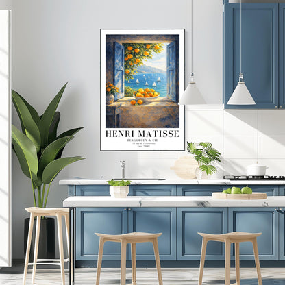 A vertical painterly illustration of an open window with blue shutters looking out at a sea with many sailboats. On the windowsill sits a large bowl overflowing with oranges. A branch with oranges hangs from the top, and a vase of yellow flowers is on a table to the left.