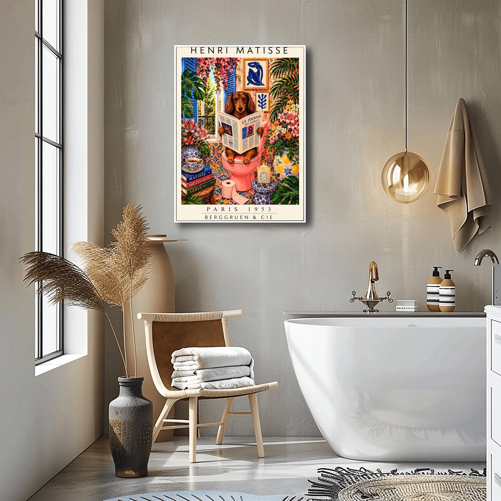 A vertical vintage-style art exhibition poster titled "HENRI MATISSE" at the top and "PARIS 1953 BERGGRUEN & CIE" at the bottom. The main image features a long-haired brown Dachshund dog sitting on a pink toilet inside an incredibly ornate bathroom, reading a newspaper titled "LE JOURNAL DES ANIMAUX". The background is a dense, colorful display of patterned wall tiles, framed Matisse paper cutouts, large green tropical houseplants, and vases full of pink lilies and flowers.