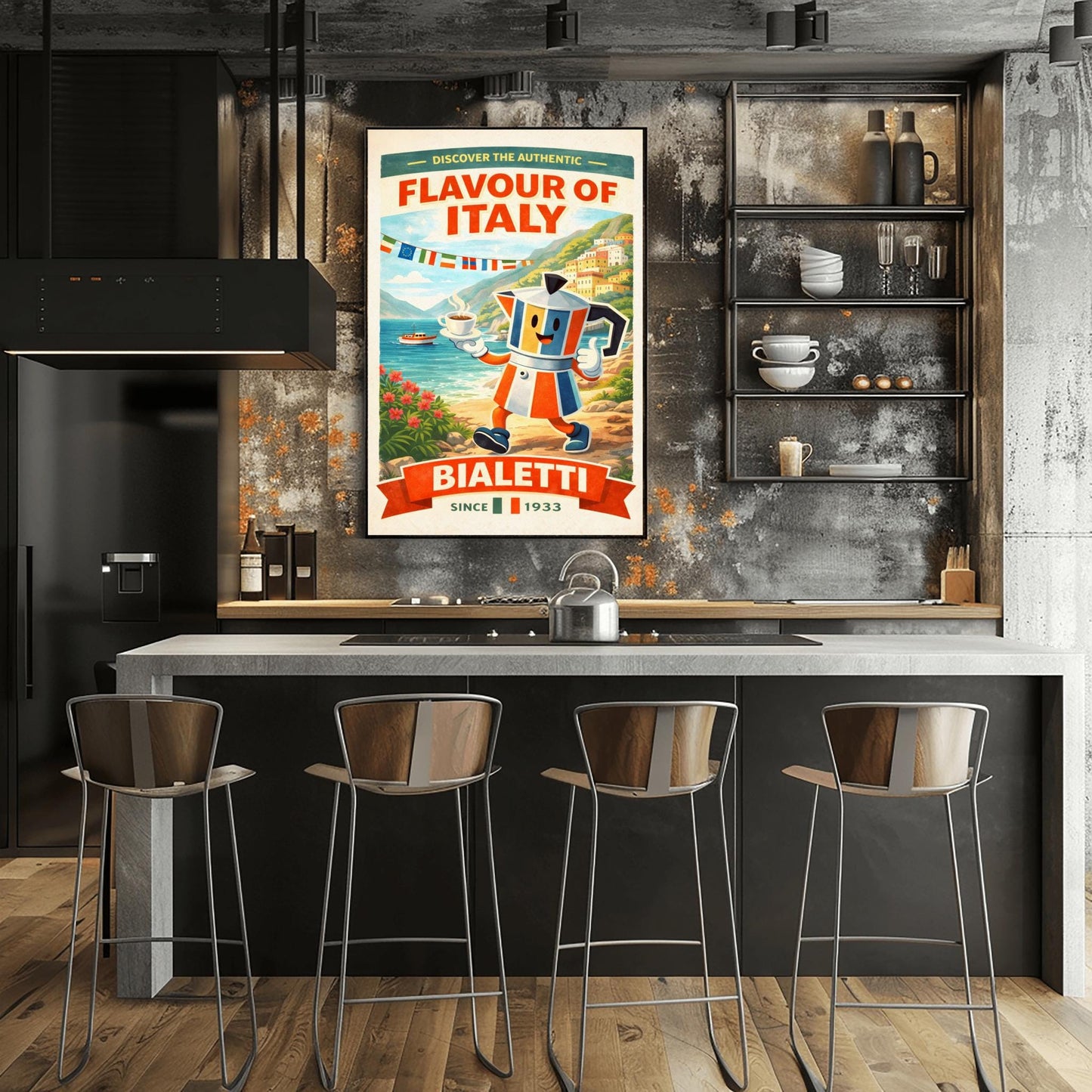 Bialetti Flavour of Italy Poster - Italian Riviera Coffee Art - Retro Moka Pot Mascot Print - Amalfi Coast Kitchen Decor - Whimsical Espresso Bar Wall Art - Vintage Travel Illustration