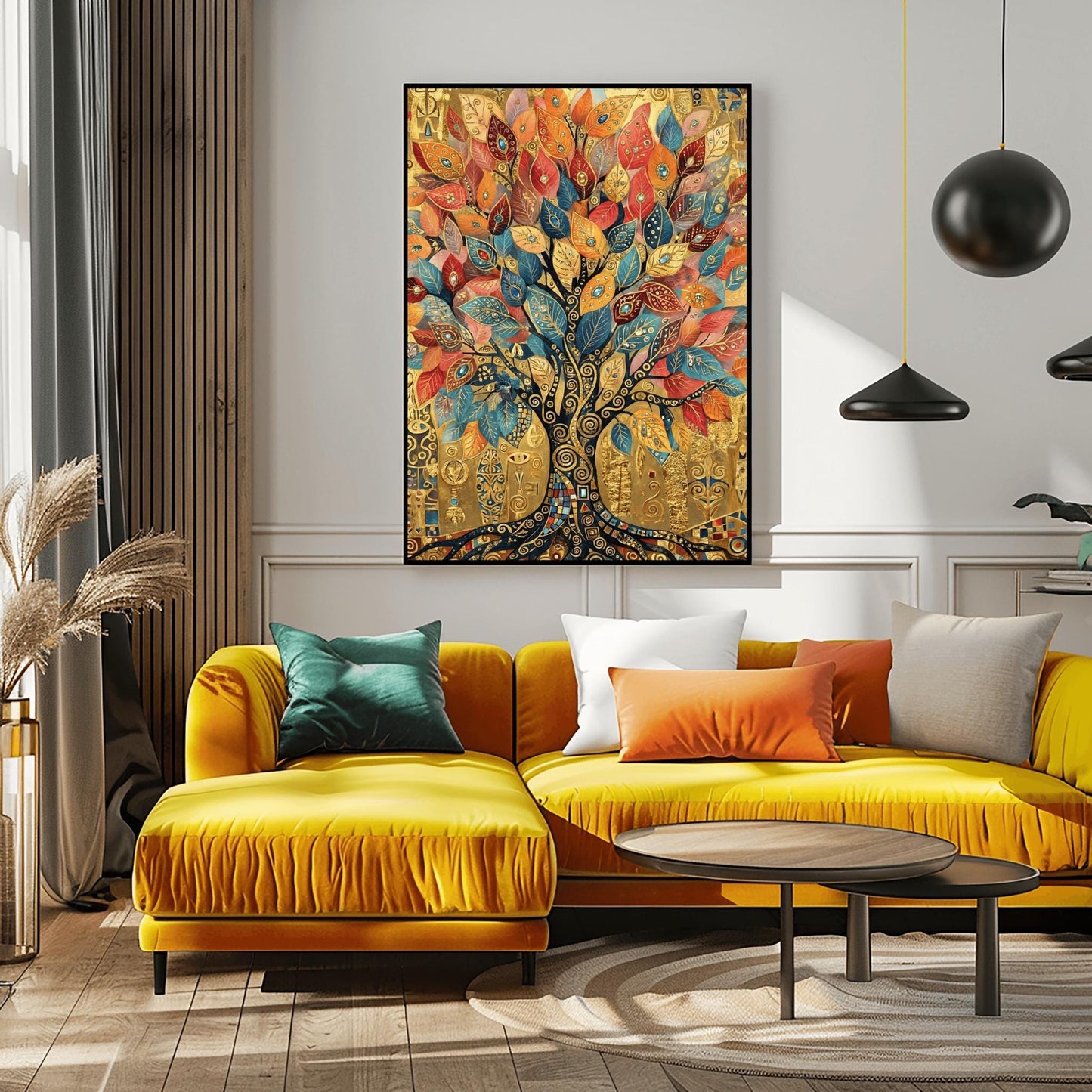A vertical fine art print in the style of Gustav Klimt. A large tree with a dark mosaic trunk and golden swirling branches is centered on a textured gold background. The leaves are large, teardrop-shaped jewels in shades of red, orange, and blue. The background is filled with ornate golden symbols and spirals.