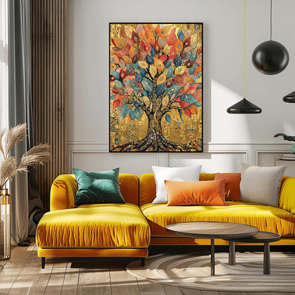 A vertical fine art print in the style of Gustav Klimt. A large tree with a dark mosaic trunk and golden swirling branches is centered on a textured gold background. The leaves are large, teardrop-shaped jewels in shades of red, orange, and blue. The background is filled with ornate golden symbols and spirals.