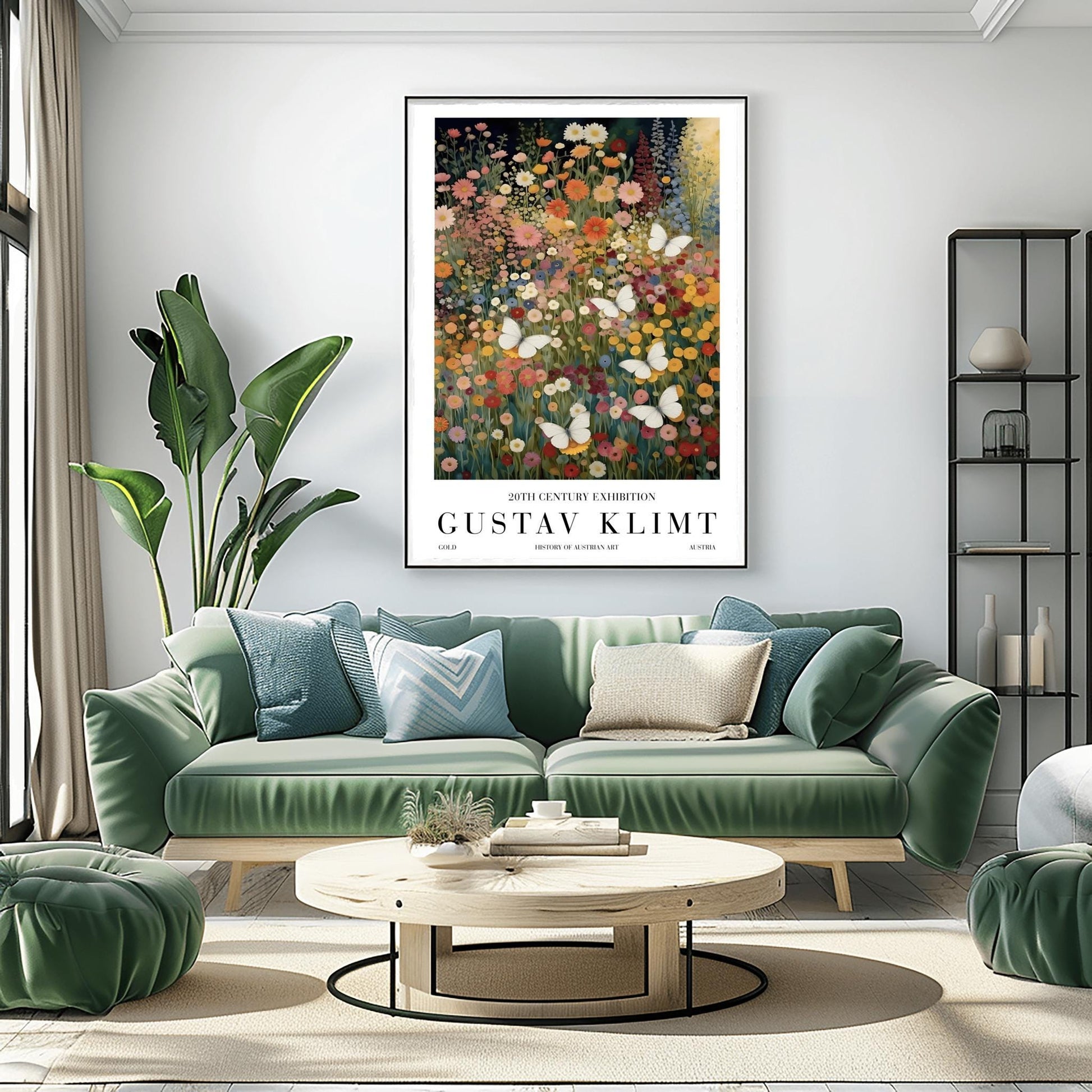 A vertical fine art painting in the style of Gustav Klimt. A dense field of colorful wildflowers in shades of orange, pink, yellow, and red fills the frame. Several large, delicate white butterflies are scattered throughout the meadow, appearing to fly toward a soft golden light in the upper right corner. The style is highly textured with decorative mosaic patterns.