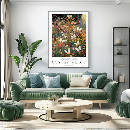 A vertical fine art painting in the style of Gustav Klimt. A dense field of colorful wildflowers in shades of orange, pink, yellow, and red fills the frame. Several large, delicate white butterflies are scattered throughout the meadow, appearing to fly toward a soft golden light in the upper right corner. The style is highly textured with decorative mosaic patterns.