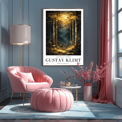 A vertical Art Nouveau illustration of a forest path at night or twilight. Golden birch trees with detailed bark frame a trail that leads into a misty forest. The path and foreground flowers are illuminated by a radiant golden light from above, filled with shimmering stardust.