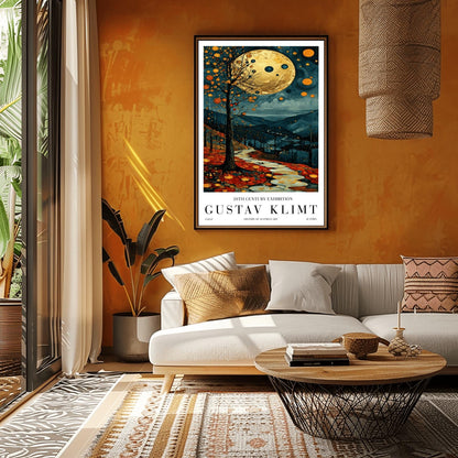 A vertical fine art painting in the style of Gustav Klimt. A massive, textured golden moon hangs in a dark, starlit sky above rolling teal mountains. A white, winding stone path leads through a foreground of orange and red autumn leaves. On the left, a slender tree is decorated with golden mosaic orbs. The overall style is rich in texture and golden ornamentation.