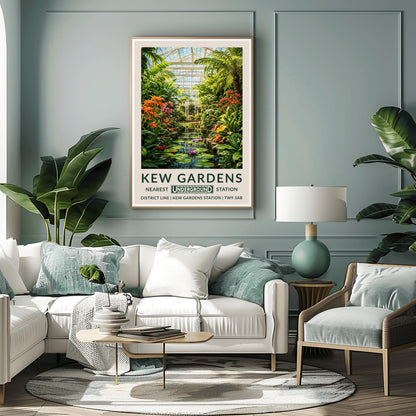 A vertical retro London Underground travel poster for Kew Gardens on a wide cream border. The top image shows a beautiful, detailed illustration of the inside of a large white Victorian glass conservatory. Sunlight shines through the glass roof onto a central water lily pond filled with blooming pink and purple flowers and lily pads. The water is surrounded by lush green palm trees, ferns, orange lilies, and a white metal gazebo in the background.