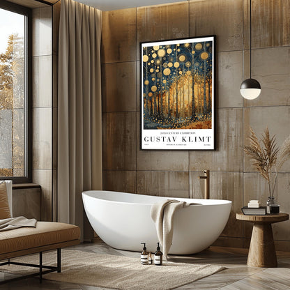 A vertical exhibition-style poster for a Gustav Klimt exhibit. The artwork features tall, slender trees with black bark covered in intricate gold scrolls and geometric patterns. Large, textured golden orbs float in the upper canopy. A warm, glowing light radiates from the center of the forest. The bottom margin features bold text reading "GUSTAV KLIMT" and "20TH CENTURY EXHIBITION."
