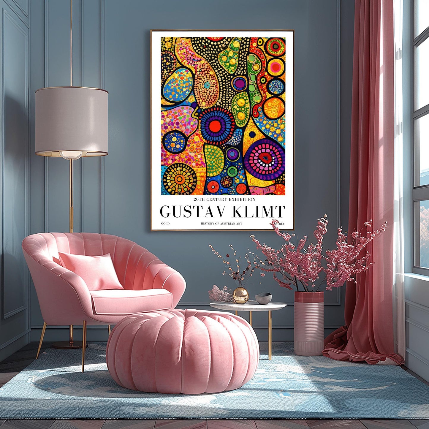 A vertical museum exhibition poster in the style of Gustav Klimt. Tall, dark tree trunks stand in a forest where the sky is made of colorful stained-glass mosaic circles. A bright sun in the center casts sharp, white sunbeams through the trees. Bold black text at the bottom reads "GUSTAV KLIMT" and "HISTORY OF AUSTRIAN ART."