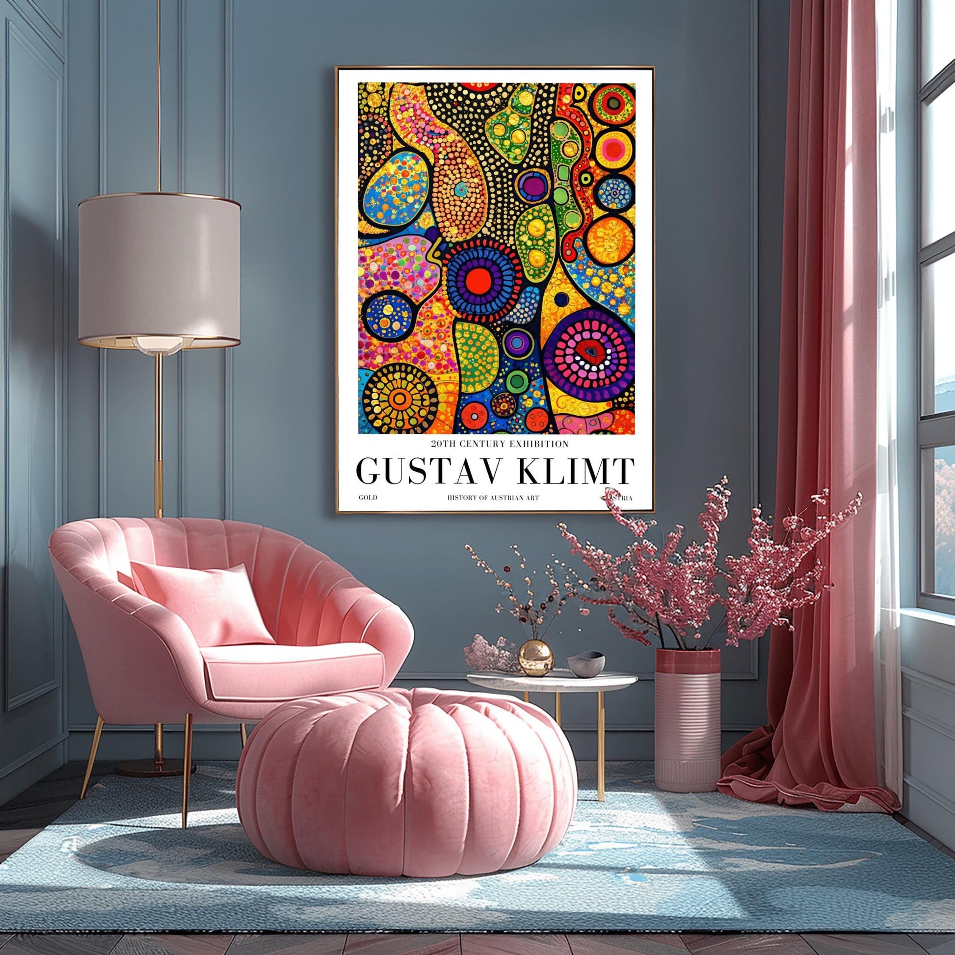 A vertical museum exhibition poster in the style of Gustav Klimt. Tall, dark tree trunks stand in a forest where the sky is made of colorful stained-glass mosaic circles. A bright sun in the center casts sharp, white sunbeams through the trees. Bold black text at the bottom reads "GUSTAV KLIMT" and "HISTORY OF AUSTRIAN ART."