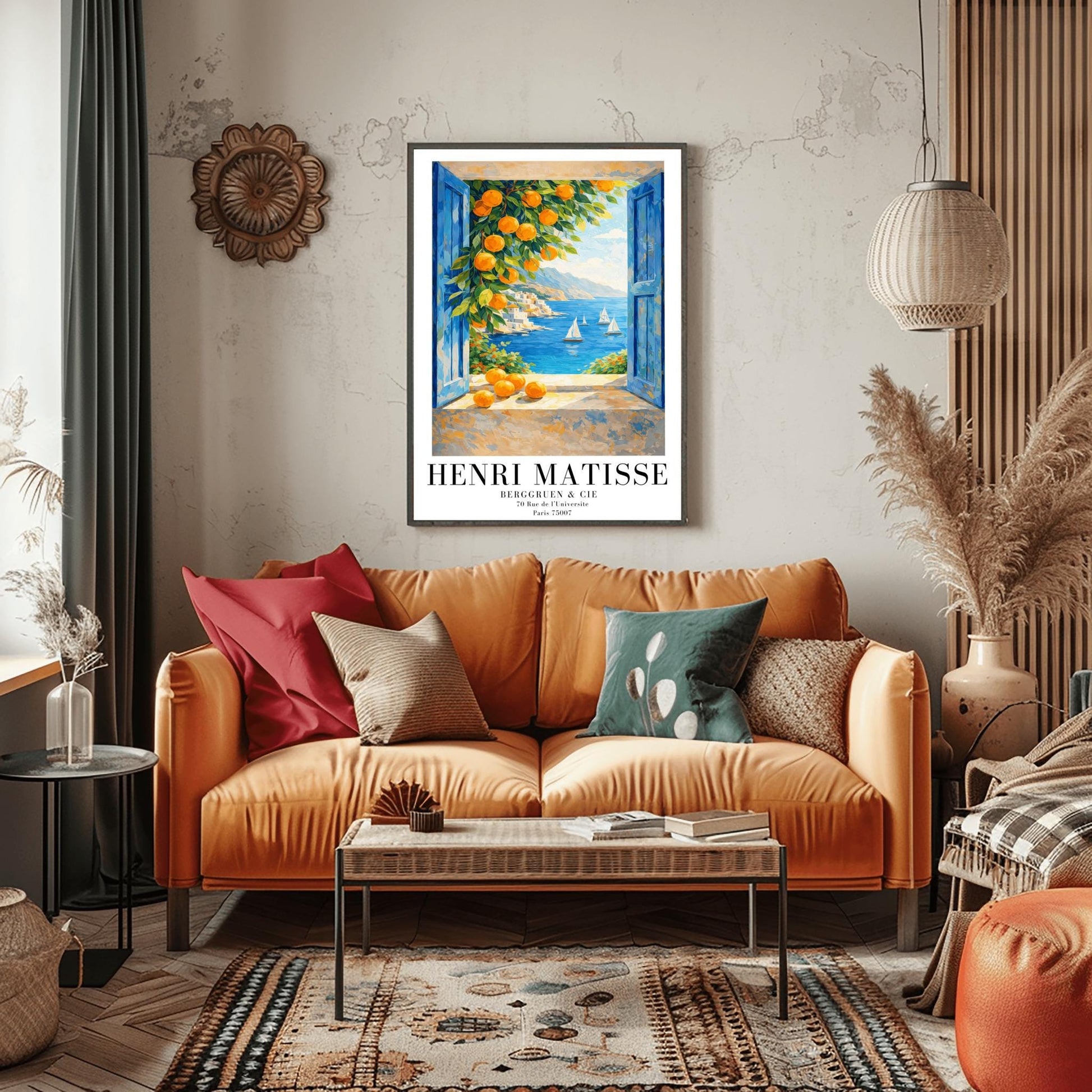 A vertical painterly illustration of a view through an open window with blue shutters. A branch with many bright oranges hangs in the top left. Outside, white sailboats float on a deep blue sea next to a white hillside village and mountains.