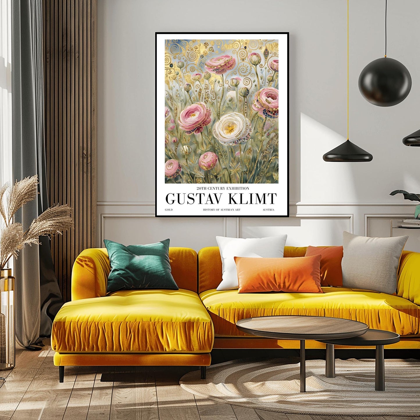 A vertical museum exhibition poster in the style of Gustav Klimt. Large pink and white roses with golden edges grow in a field. The background is filled with ornate gold leaf spirals and geometric patterns against a soft light-blue sky. Bold black text at the bottom reads "GUSTAV KLIMT" and "BOTANICAL EXCELLENCE."