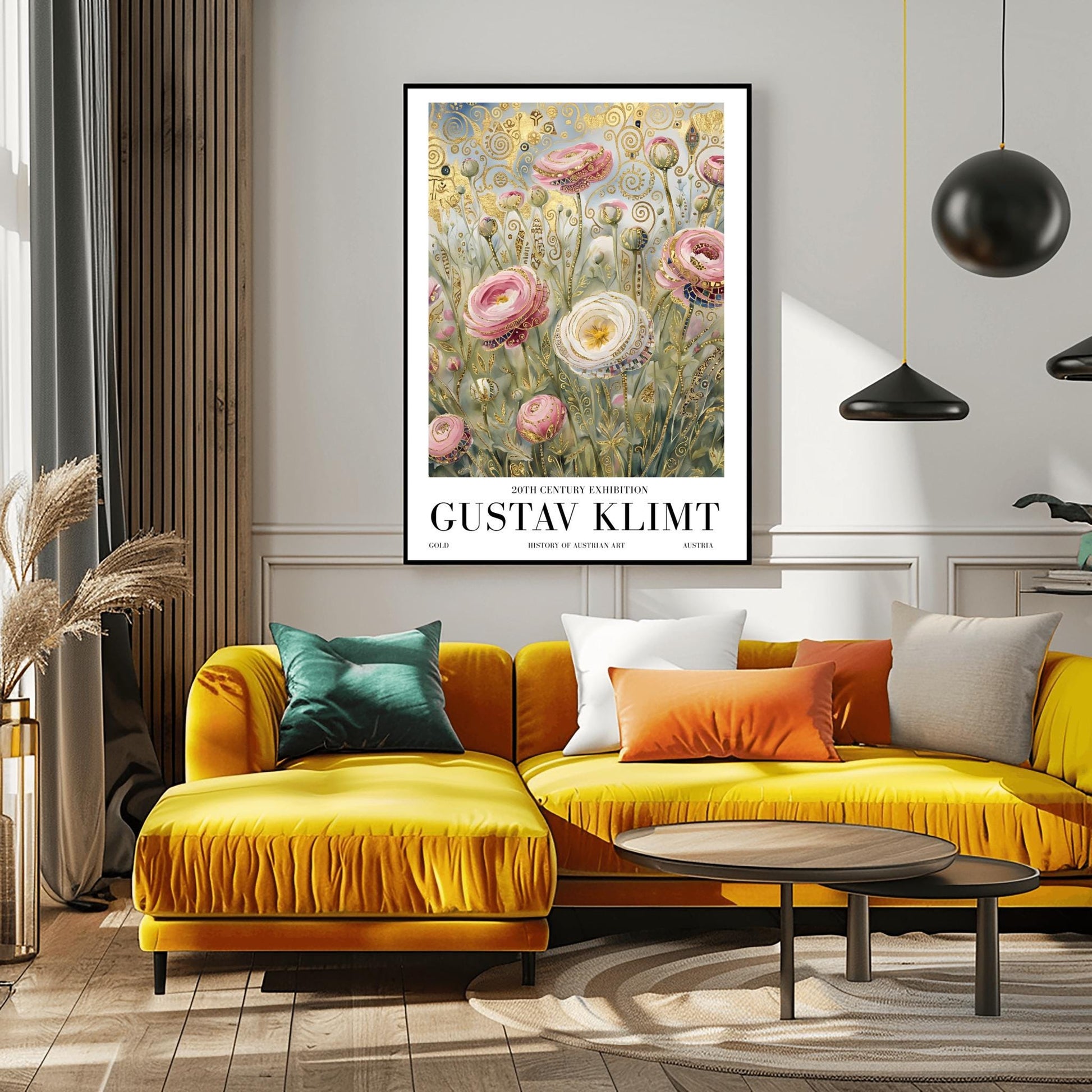 A vertical museum exhibition poster in the style of Gustav Klimt. Large pink and white roses with golden edges grow in a field. The background is filled with ornate gold leaf spirals and geometric patterns against a soft light-blue sky. Bold black text at the bottom reads "GUSTAV KLIMT" and "BOTANICAL EXCELLENCE."