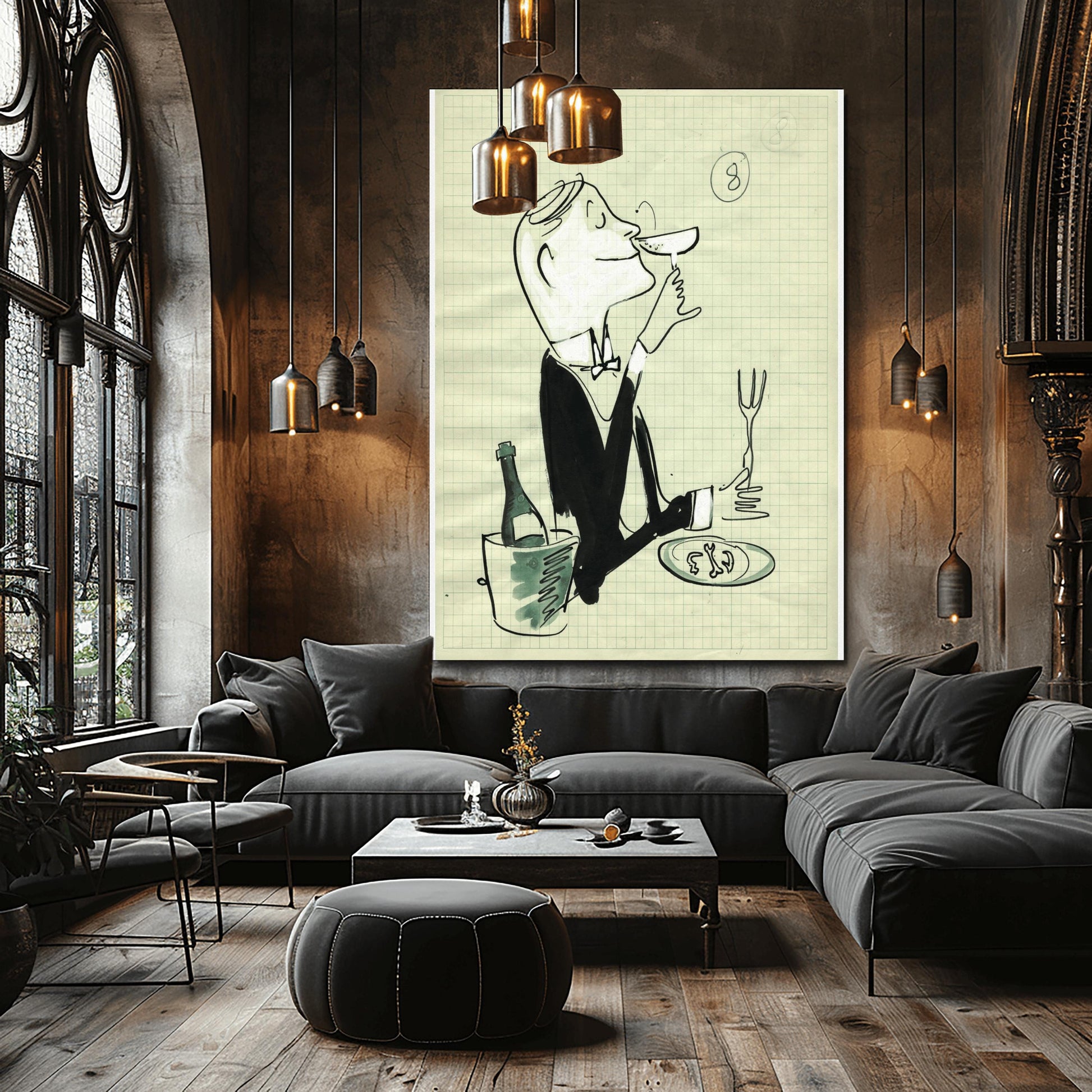 A vertical black-and-white ink sketch on a light green graph paper background. A man in a tuxedo and bow tie is shown from the waist up in profile, smiling as he sniffs a glass of wine or champagne. To his left is a bottle in a wine chiller bucket with grey watercolor shading. To his right, a hand holds a long fork over a plate with food remains. In the upper right corner, the number "8" is circled. The style is loose, expressive, and minimalist.