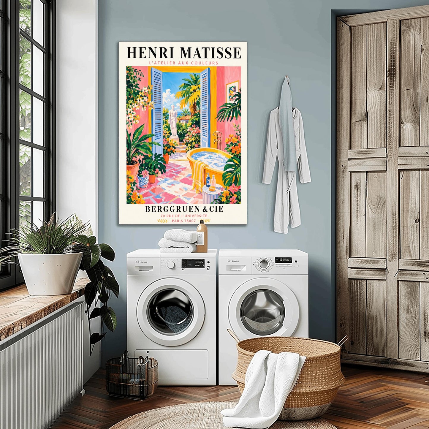 A vertical minimalist fine art exhibition poster in the style of Henri Matisse, featuring a wide white border layout. In the center, a simple black line drawing illustrates a vintage clawfoot bathtub sitting on a terracotta red balcony floor. The balcony opens out to a view of a flat royal blue ocean and a mustard yellow sky. The entire composition is framed by flat paper-cut abstract organic coral leaf shapes against a solid white backdrop.
